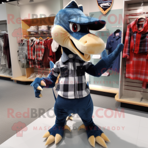 Navy Pterodactyl mascot costume character dressed with a Flannel Shirt and Coin purses