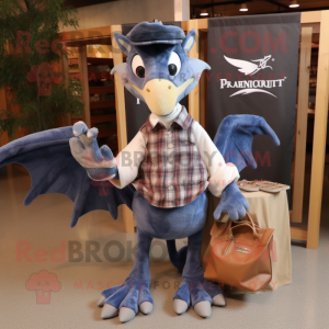 Navy Pterodactyl mascot costume character dressed with a Flannel Shirt and Coin purses