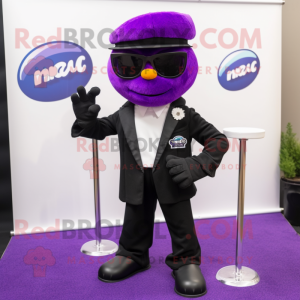 Purple Tikka Masala mascot costume character dressed with a Tuxedo and Sunglasses