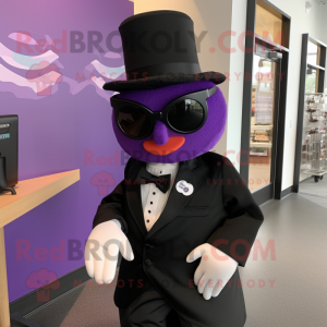 Purple Tikka Masala mascot costume character dressed with a Tuxedo and Sunglasses