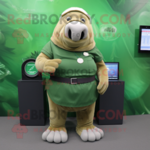 Forest Green Walrus mascot costume character dressed with a Mini Skirt and Digital watches