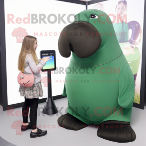 Forest Green Walrus mascot costume character dressed with a Mini Skirt and Digital watches