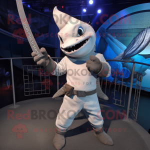 Silver Swordfish mascot costume character dressed with a V-Neck Tee and Gloves