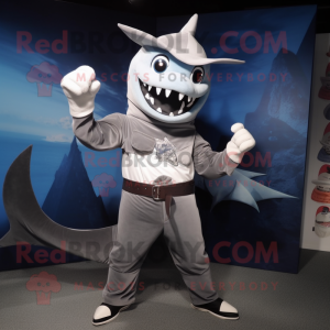 Silver Swordfish mascot costume character dressed with a V-Neck Tee and Gloves