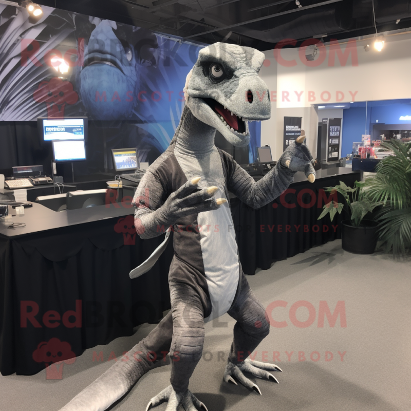 Gray Velociraptor mascot costume character dressed with a Wrap Dress and Gloves