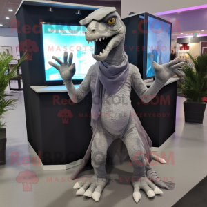 Gray Velociraptor mascot costume character dressed with a Wrap Dress and Gloves