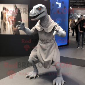 Gray Velociraptor mascot costume character dressed with a Wrap Dress and Gloves