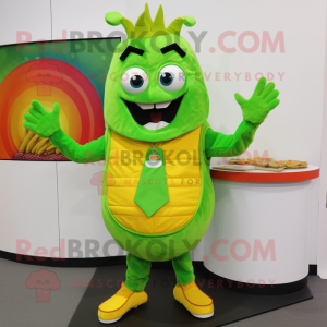 Lime Green Tikka Masala mascot costume character dressed with a Waistcoat and Gloves