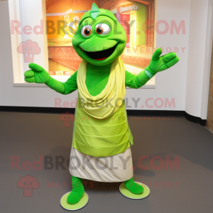 Lime Green Tikka Masala mascot costume character dressed with a Waistcoat and Gloves