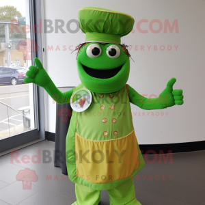 Lime Green Tikka Masala mascot costume character dressed with a Waistcoat and Gloves