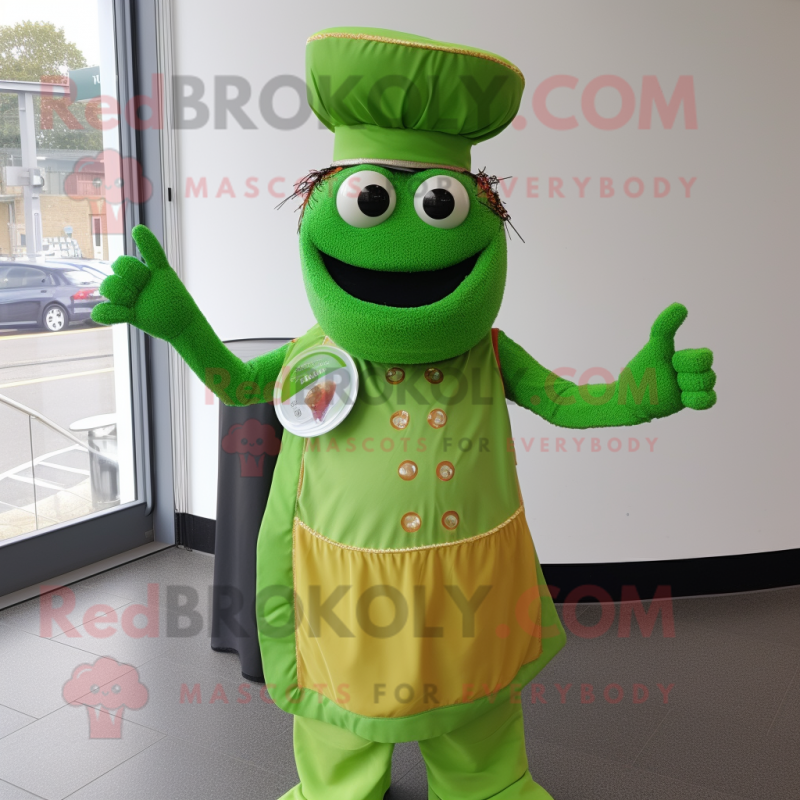 Lime Green Tikka Masala mascot costume character dressed with a Waistcoat and Gloves Lime Green Tikka Masala mascot costume character dressed with a Waistcoat and Gloves