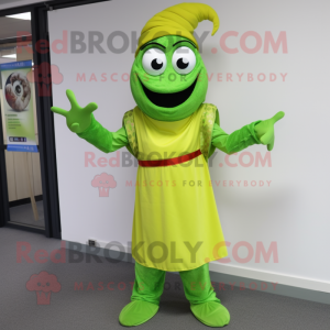 Lime Green Tikka Masala mascot costume character dressed with a Waistcoat and Gloves