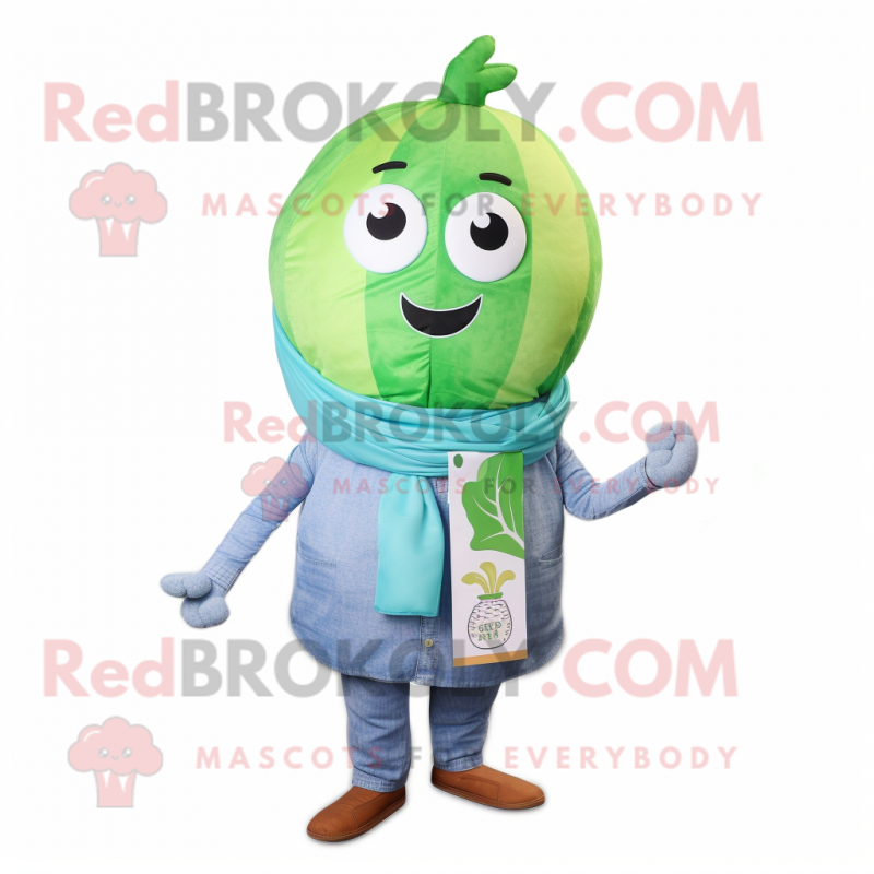 Green Melon mascot costume character dressed with a Chambray Shirt and Scarf clips Green Melon mascot costume character dressed with a Chambray Shirt and Scarf clips