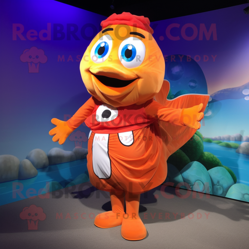 Orange Clown Fish mascot costume character dressed with a Swimwear and Shawls Orange Clown Fish mascot costume character dressed with a Swimwear and Shawls