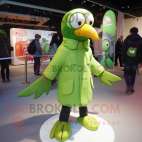 Lime Green Toucan mascot costume character dressed with a Parka and Caps