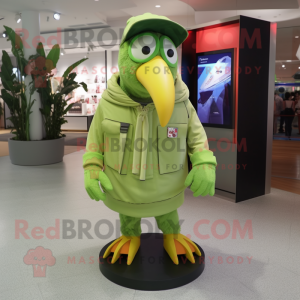 Lime Green Toucan mascot costume character dressed with a Parka and Caps