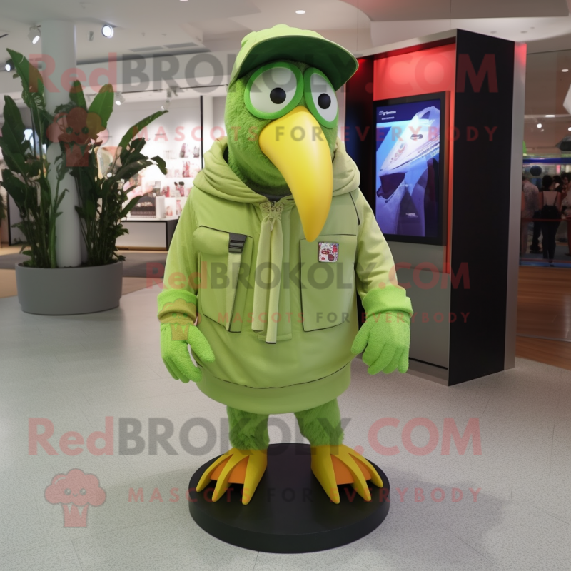 Lime Green Toucan mascot costume character dressed with a Parka and Caps