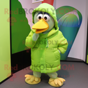 Lime Green Toucan mascot costume character dressed with a Parka and Caps