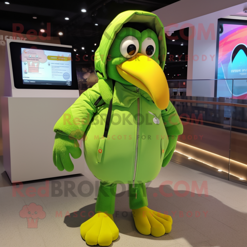 Lime Green Toucan mascot costume character dressed with a Parka and Caps Lime Green Toucan mascot costume character dressed with a Parka and Caps