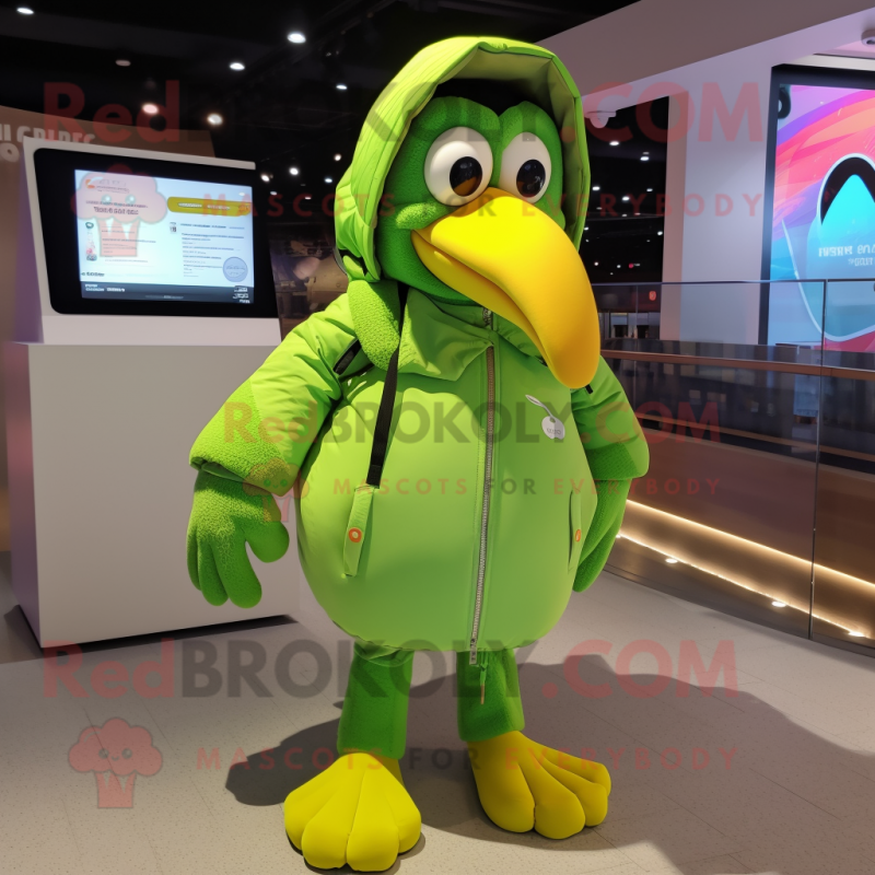 Lime Green Toucan mascot costume character dressed with a Parka and Caps