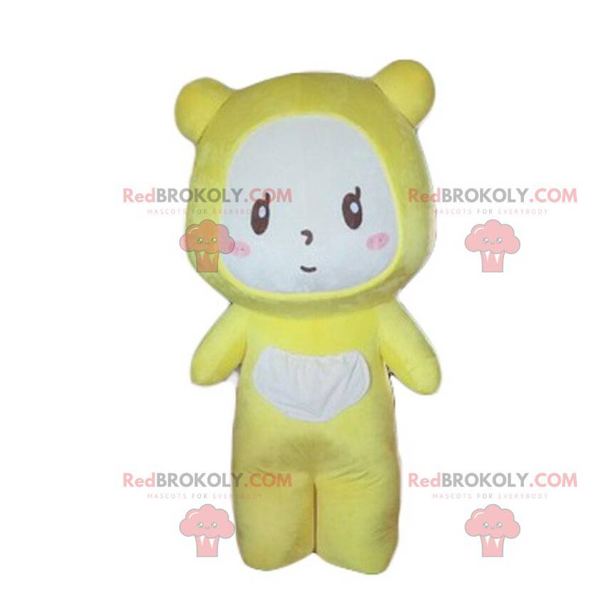 Gul bjørnemaskot, baby med pandapyjamas - Redbrokoly.com
