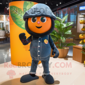 Black Grapefruit mascot costume character dressed with a Denim Shorts and Beanies