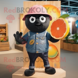 Black Grapefruit mascot costume character dressed with a Denim Shorts and Beanies