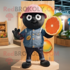 Black Grapefruit mascot costume character dressed with a Denim Shorts and Beanies