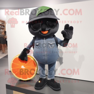 Black Grapefruit mascot costume character dressed with a Denim Shorts and Beanies