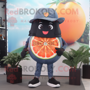 Black Grapefruit mascot costume character dressed with a Denim Shorts and Beanies