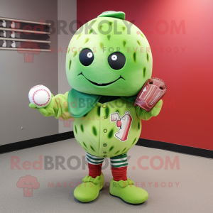 Lime Green Watermelon mascot costume character dressed with a Baseball Tee and Mittens