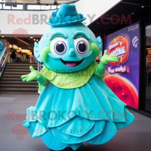 Turquoise Fish Tacos mascot costume character dressed with a Ball Gown and Mittens