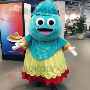 Turquoise Fish Tacos mascot costume character dressed with a Ball Gown and Mittens