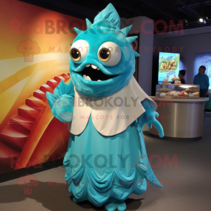 Turquoise Fish Tacos mascot costume character dressed with a Ball Gown and Mittens