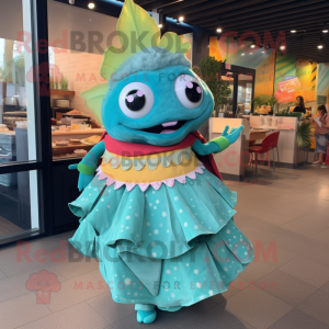 Turquoise Fish Tacos mascot costume character dressed with a Ball Gown and Mittens