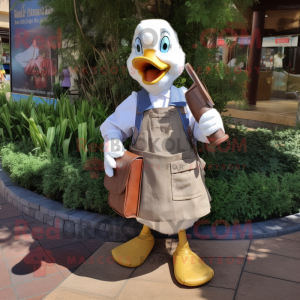 nan Goose mascot costume character dressed with a Dungarees and Messenger bags