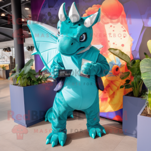 Teal Triceratops mascot costume character dressed with a Jumpsuit and Wallets