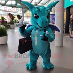 Teal Triceratops mascot costume character dressed with a Jumpsuit and Wallets