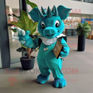 Teal Triceratops mascot costume character dressed with a Jumpsuit and Wallets