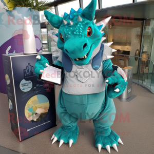 Teal Triceratops mascot costume character dressed with a Jumpsuit and Wallets