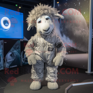 Silver Sheep mascot costume character dressed with a Jumpsuit and Hairpins