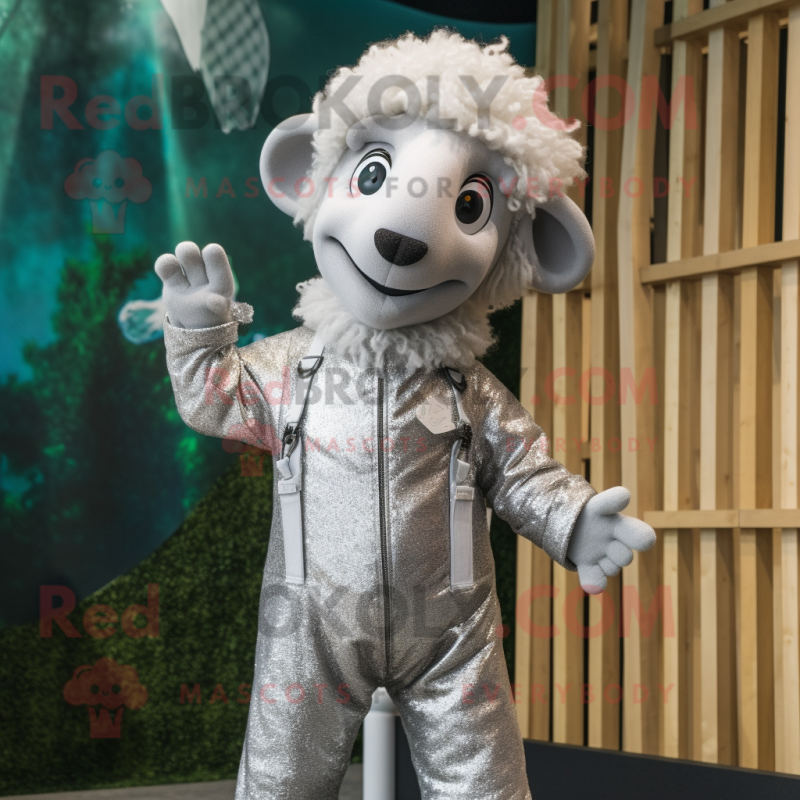 Silver Sheep mascot costume character dressed with a Jumpsuit and Hairpins Silver Sheep mascot costume character dressed with a Jumpsuit and Hairpins