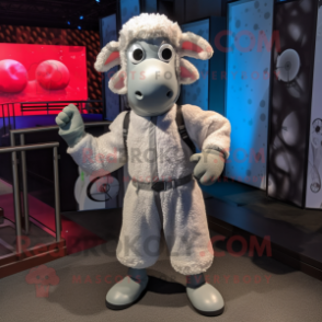 Silver Sheep mascot costume character dressed with a Jumpsuit and Hairpins