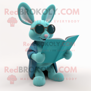 Teal Rabbit mascot costume character dressed with a Cover-up and Reading glasses