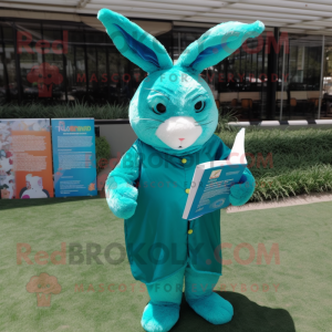 Teal Rabbit mascot costume character dressed with a Cover-up and Reading glasses