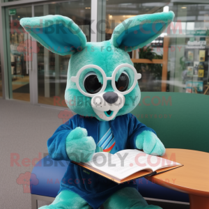 Teal Rabbit mascot costume character dressed with a Cover-up and Reading glasses