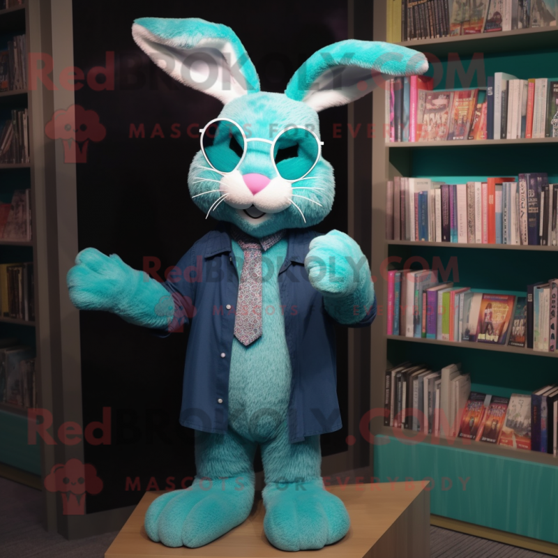 Teal Rabbit mascot costume character dressed with a Cover-up and Reading glasses