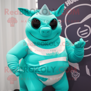 Turquoise Rhinoceros mascot costume character dressed with a Bikini and Belts