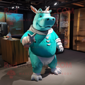 Turquoise Rhinoceros mascot costume character dressed with a Bikini and Belts