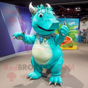 Turquoise Rhinoceros mascot costume character dressed with a Bikini and Belts